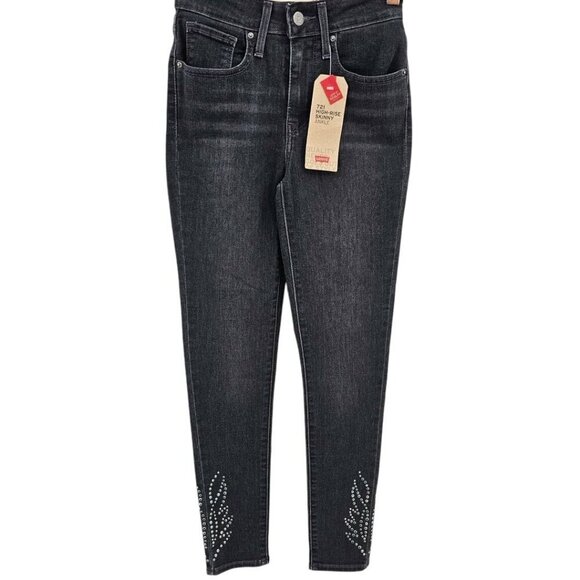 Levi's Womens 24 Black High Rise Super Skinny Ankle Jeans with Studded Ankle NWT - Picture 1 of 15